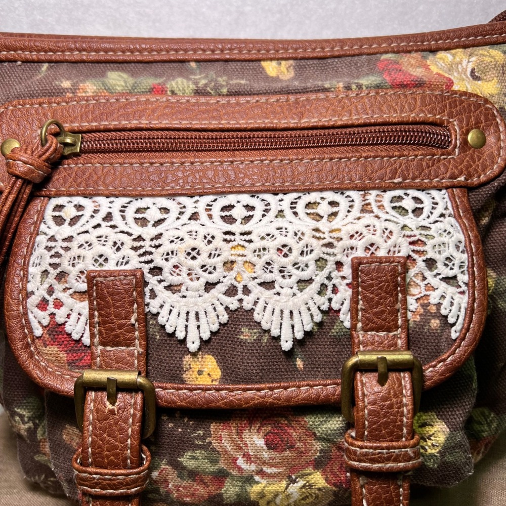 Floral Canvas Crossbody Brown Lace Trim 90s Nostalgia Y2K Cottagecore Boho Bag - Picture 3 of 13
